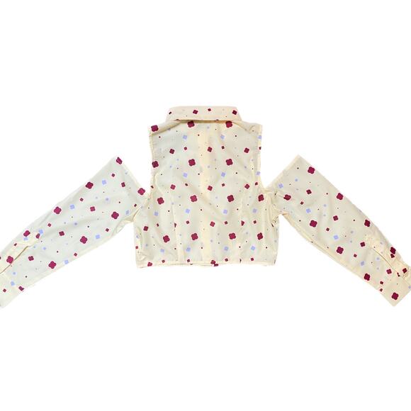 XS Pale Yellow Printed Cold Shoulder Button Down Crop Menswear Collared Blouse - Picture 6 of 7